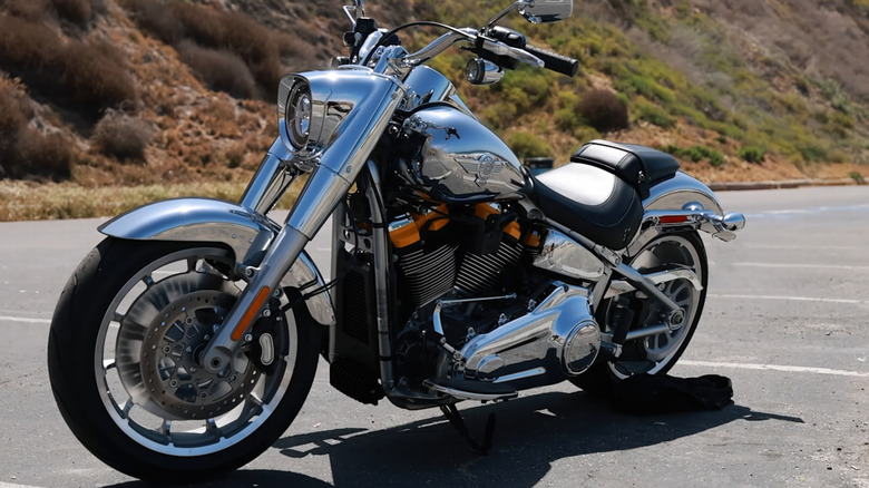 The legendary Harley-Davidson Fat Boy motorcycle from an unknown model year parked on its stand.