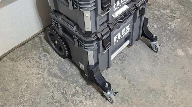 A Flex Stack Pack toolbox setup fitted with three-inch Wookie Locking Wheels.