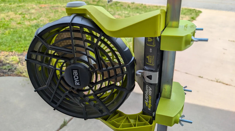 Ryobi fan mounted sideways on a golf cart