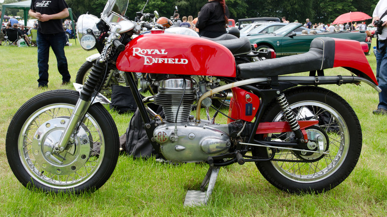 A number of cafe racer motorcycles on racks at 20th century cycles