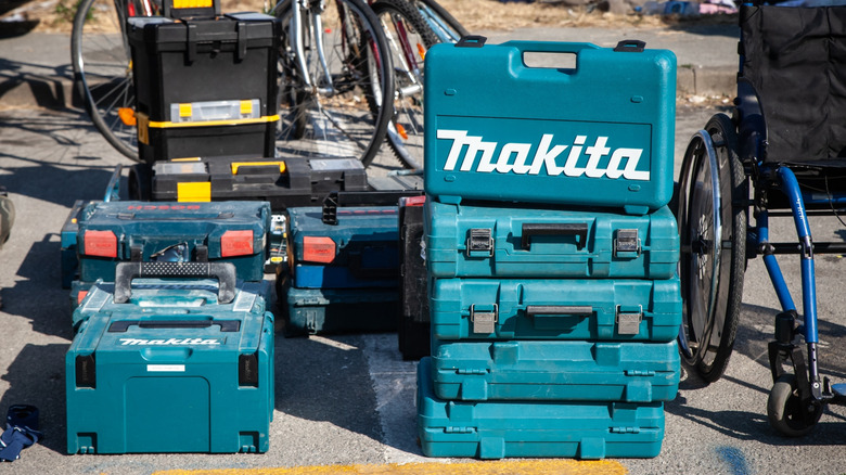 Makita toolboxes on display on a jobsite