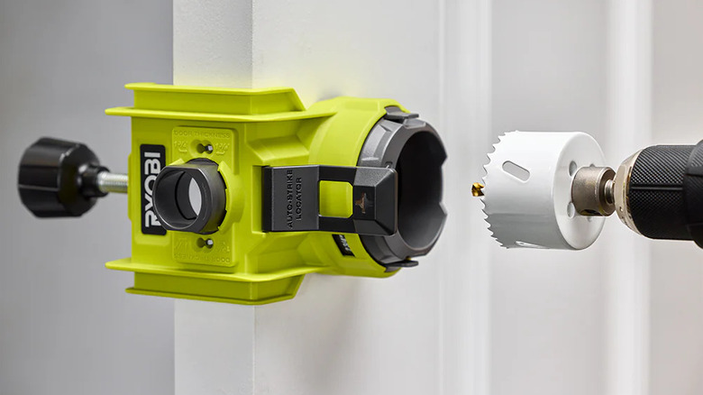 Ryobi Wood/Metal Door Lock Installation Set in use