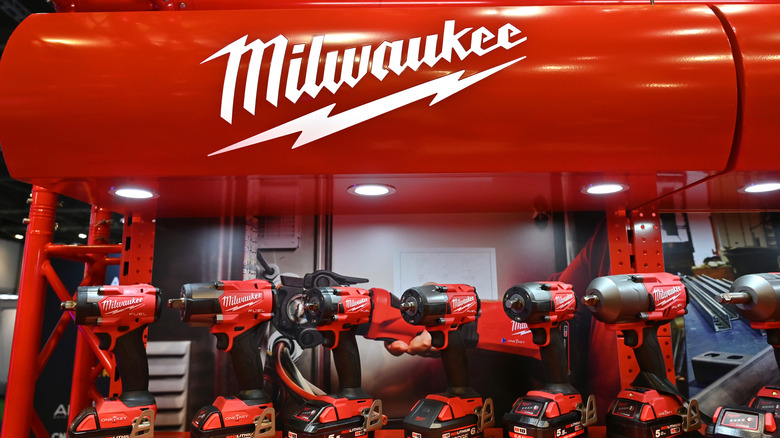 Milwaukee Tool sign and drill options on display