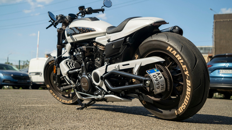 A white Harley Sportster 1250S, back tire prominent, parked on a road in Ukraine