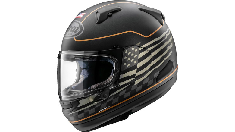 A black Arai brand helmet viewed from the side