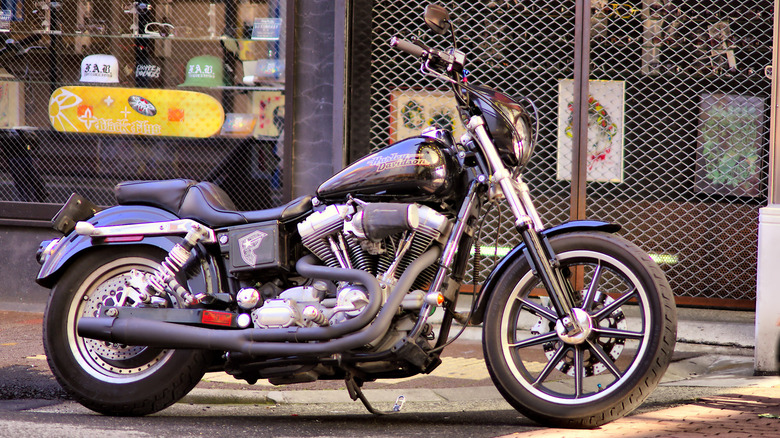 A motorcycle parked on a city street.