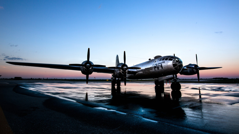 Boeing B-29 Superfortress at sundown on tarmac