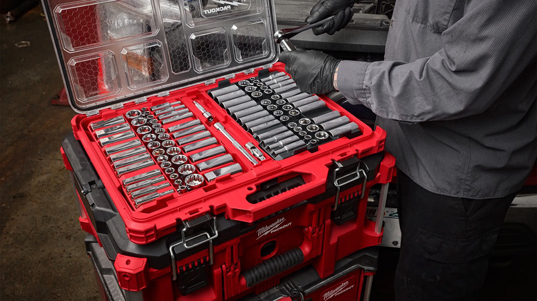 A set of Milwaukee sockets in a tool box