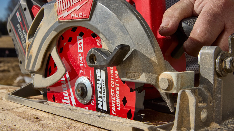 A Milwaukee Nitrus Carbide blade on a circular saw