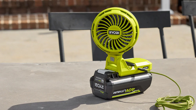 A Ryobi topper fan on a table.