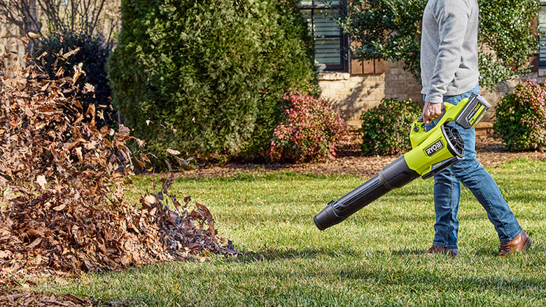 A person blowing leaves with a Ryobi leaf blower.