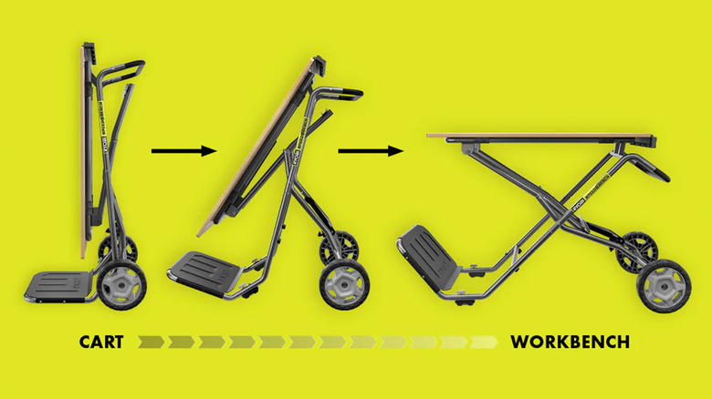 An illustration showing the Mobile Workstation transforming from cart to workbench.