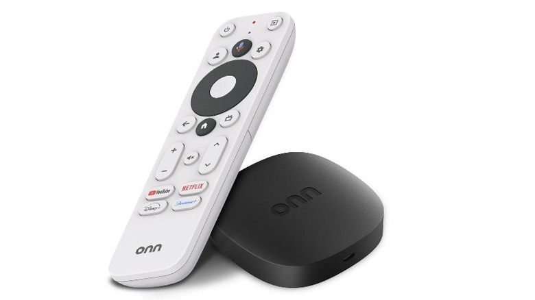 The Onn 4k streaming device with its remote