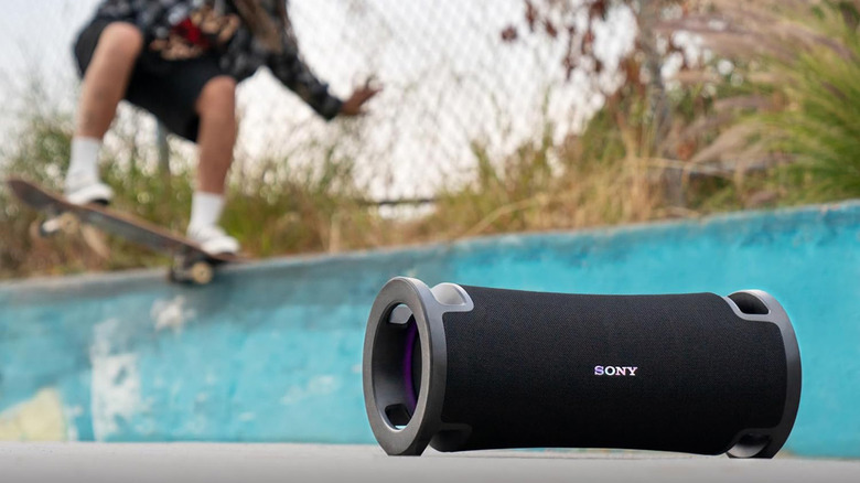 A Sony Ult Field 7 speaker outside at a skate park