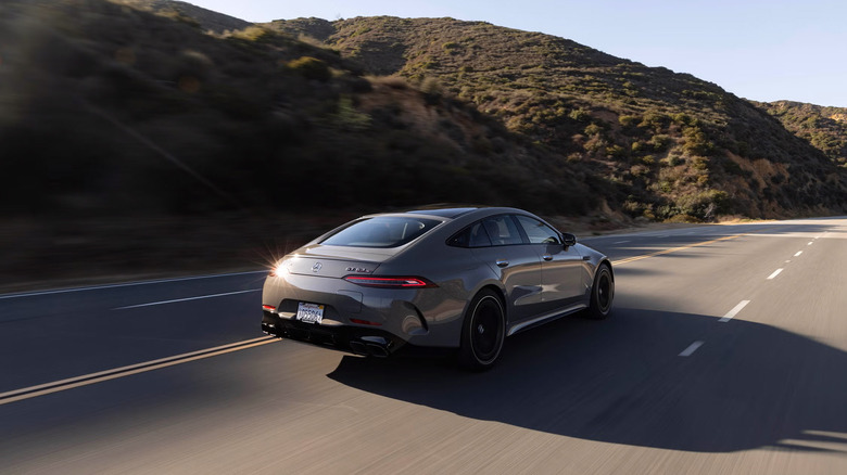 A rear view shot of the 2025 Merdeces-AMG GT 63 S E Performance driving