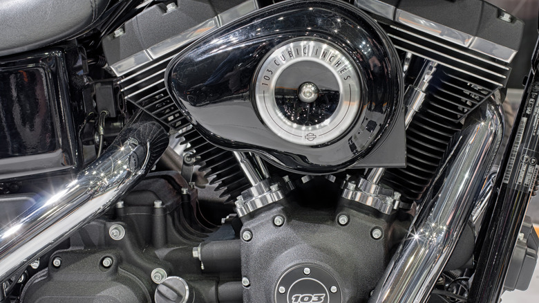 A close up shot of the gloss black Harley-Davidson 103 engine