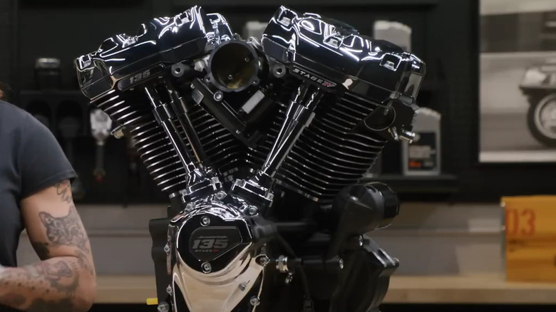 The latest Screamin' Eagle 135 engine on a table in a studio