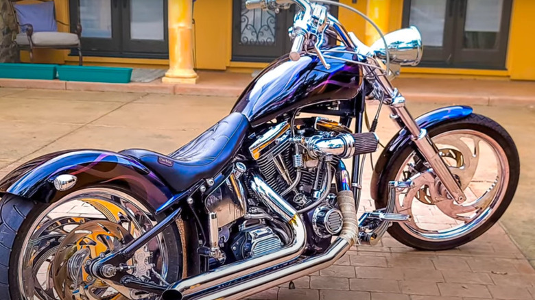 A blue chopper bike fitted with the Ultima 113 engine