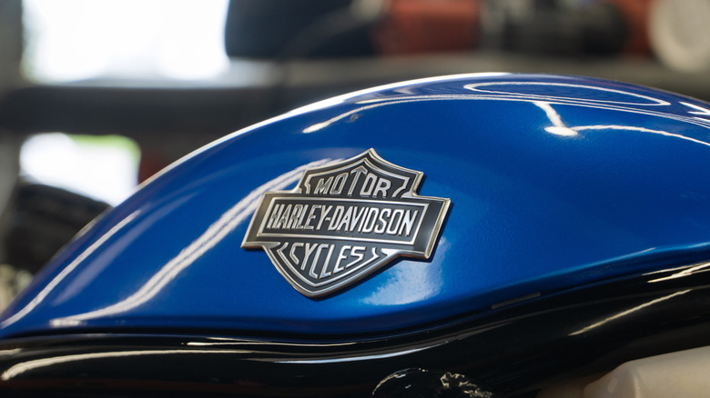 A Harley Davidson logo on the fuel tank of a blue motorbike