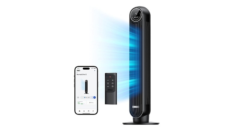 Vertical smart fan, remote, and smartphone