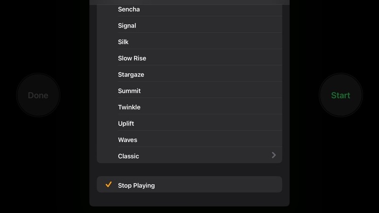 The timer menu of an iPad showing that you can stop playing music as an option.