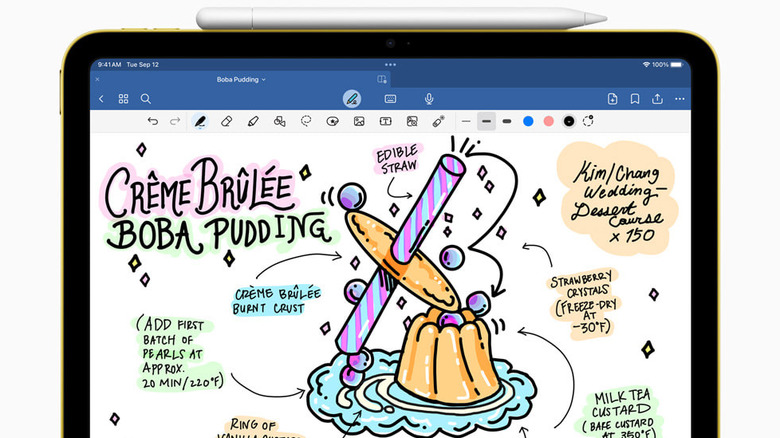 An Apple pencil on top of an ipad with notes and doodles on the screen.