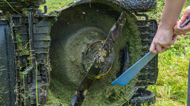 Person cleaning deck of lawn mower