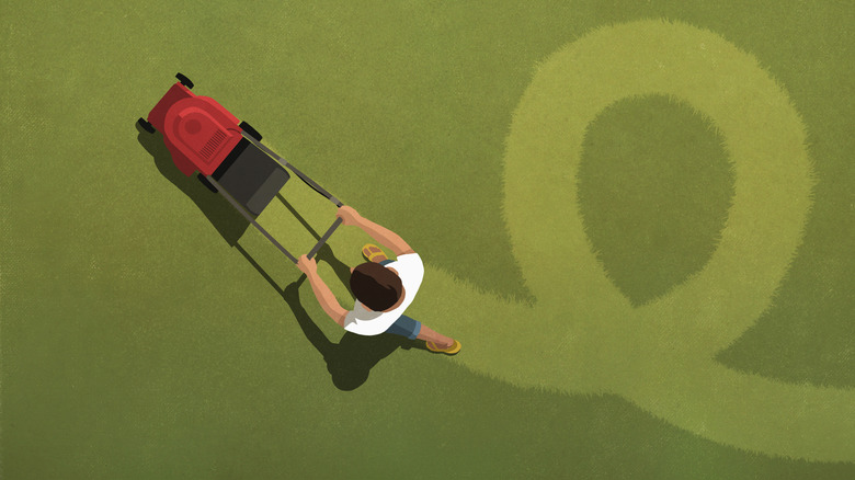 Drawing of man pushing red lawn mower in yard