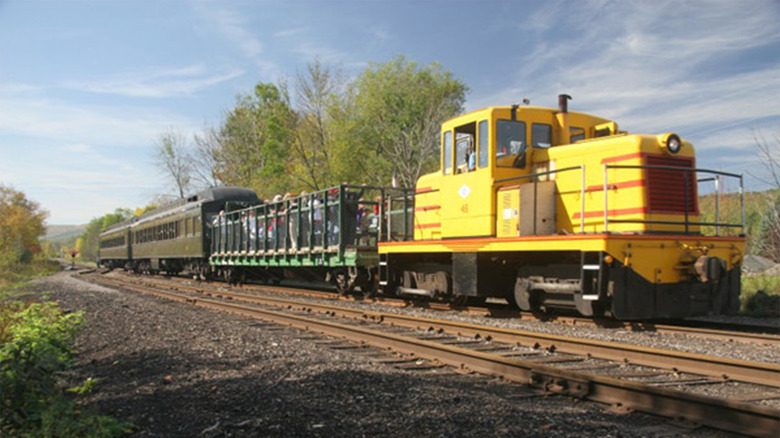 The yellow Locomotive 46 hauling passenger cars