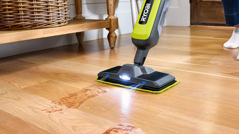 Ryobi USB Lithium mop tackling muddy footprints