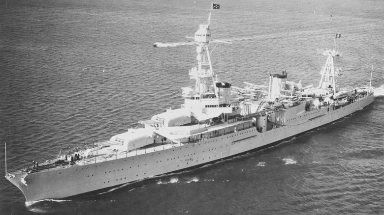 Black & white photo of USS Houston sailing