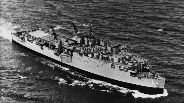 Black & white photo of USS Astoria sailing at sea