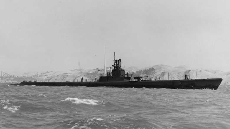Black & white photo of USS Wahoo sailing on ocean's surface