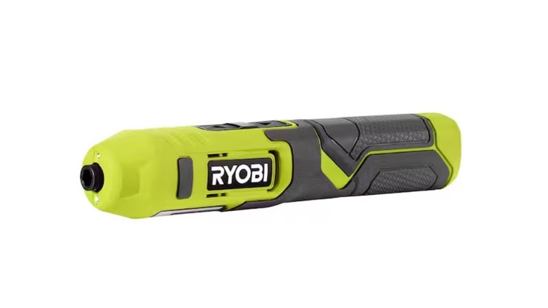 Green and gray cordless screwdriver with Ryobi branding
