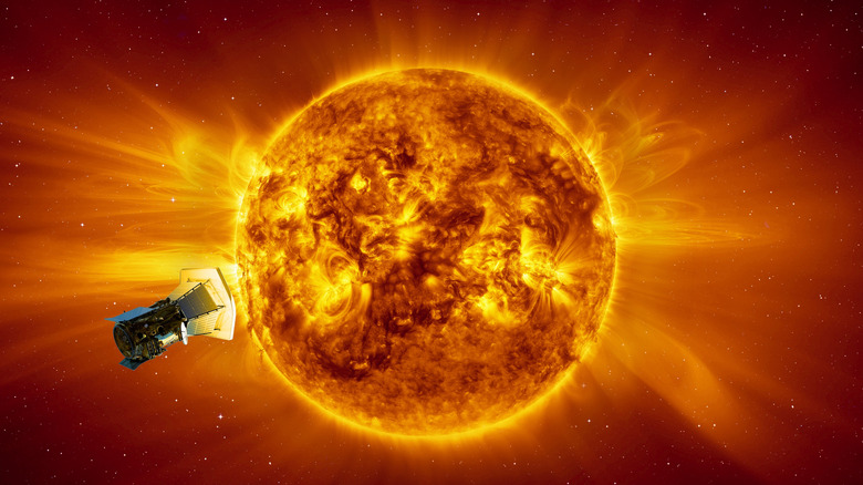 A modeled image of the Parker Space Probe flying close to the Sun