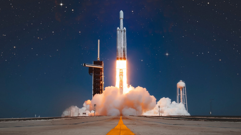 A rocket lifting off into space