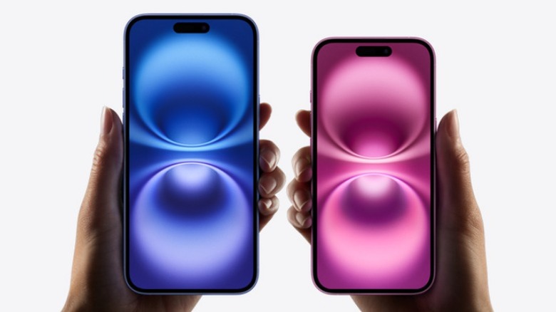 Person holding iPhone 16 and 16 Plus on which background