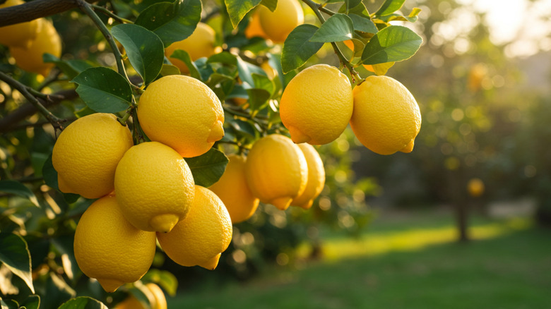 A lemon treewith ripe yellow lemons and green leaves.