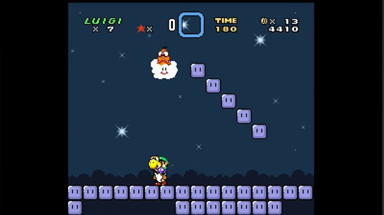 Luigi riding a yellow Yoshi