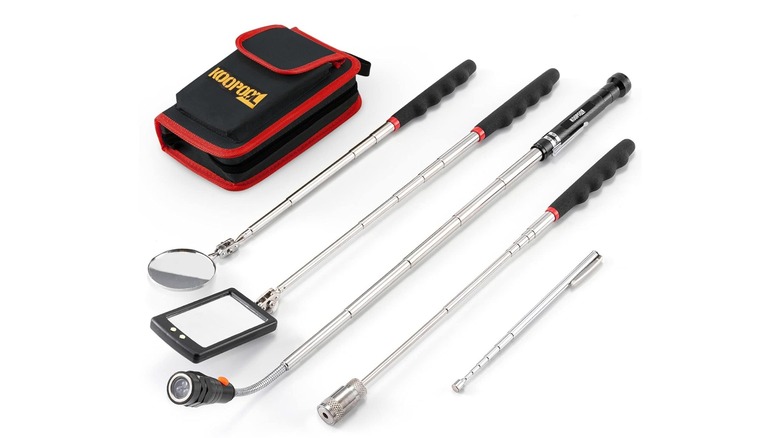 The Koopool Telescoping Pickup Tool set laid out