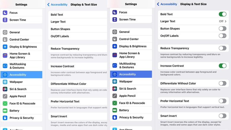 Screenshot of iPad menus showing Contrast off (L) and contrast on (R)