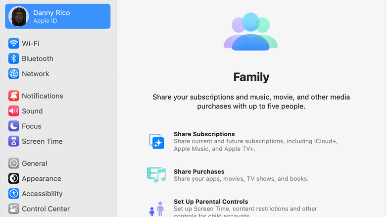 Screenshot of Apple Family Sharing menu