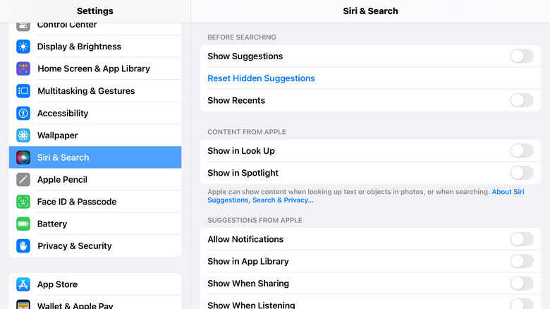 Screenshot showing Siri & Search menu on iPad