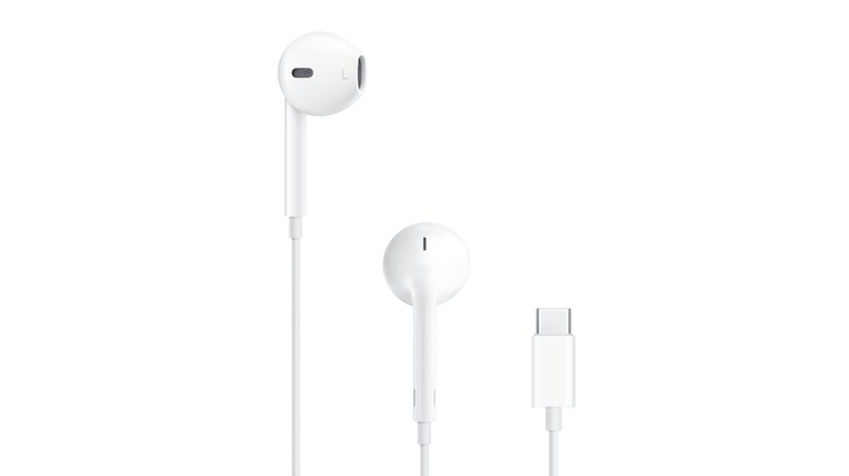 A pair of wired Apple Earbuds with USB-C cable on white background.