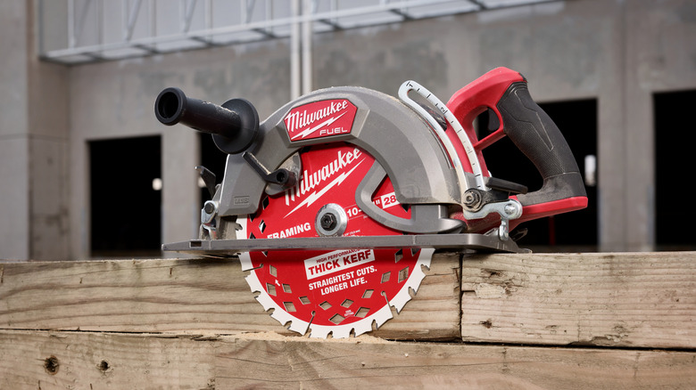 A saw with a 10-¼" 28T thick kerf framing circular saw blade.