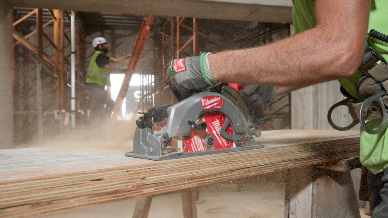 Sawdust flies from a Milwaukee 7-¼ inch circular saw.