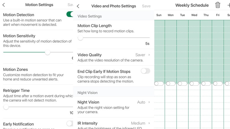 Screenshots of Motion, Video and Photo, and Weekly Schedule settings in Blink app