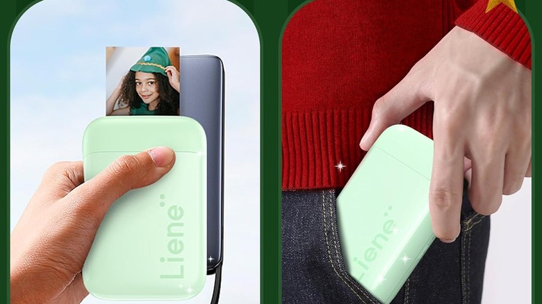 Closeups of Liene photo printer in hands