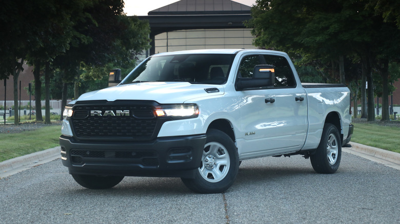 A side on shot of a white 2025 Ram 1500