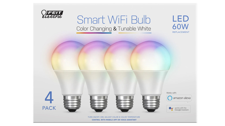 A 4-pack box of Feit smart Wi-Fi LED lightbulbs.